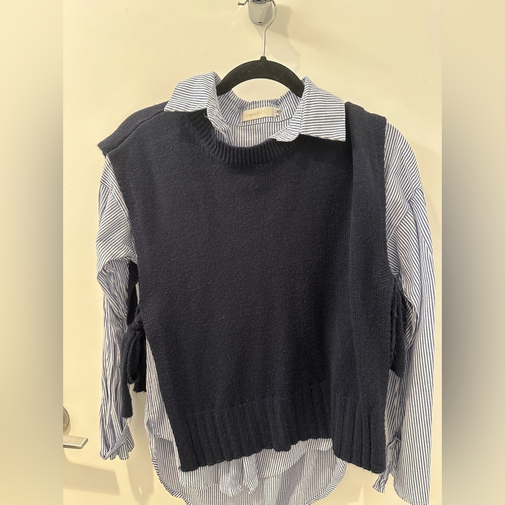 Pinstriped shirt and knit vest 2 piece set